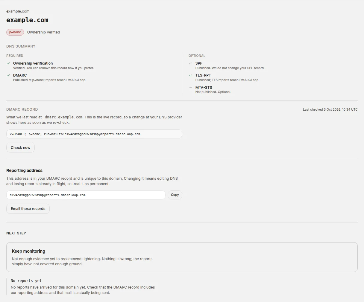The domain page for example.com after verification