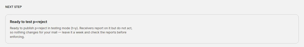 The Next step panel recommending p=reject in testing mode