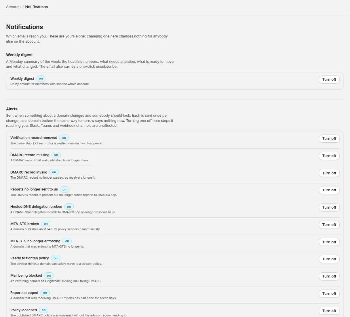 The Notifications settings page