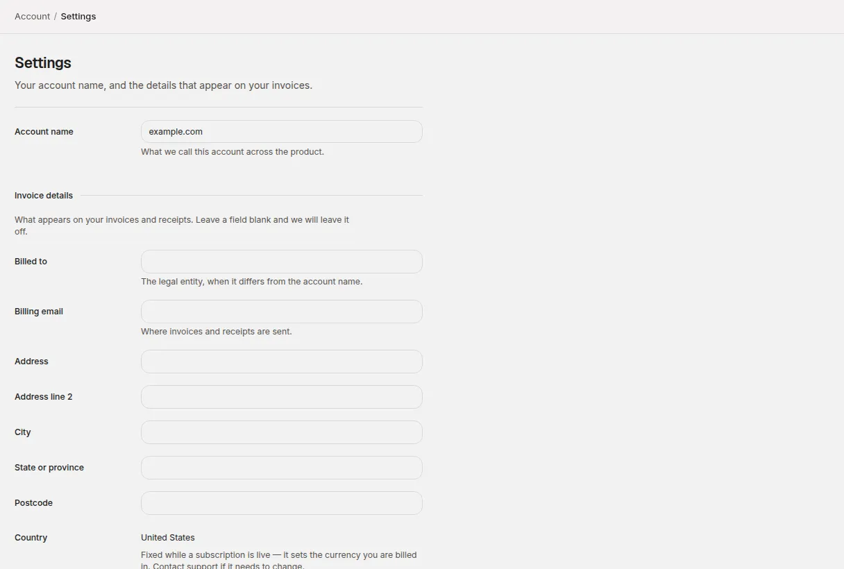 The Settings page with the account name and invoice details