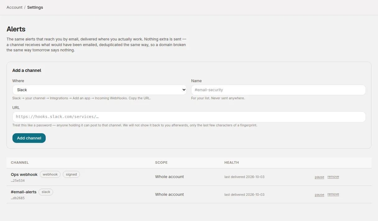 The Alerts page: the Add a channel form and two channels with their health