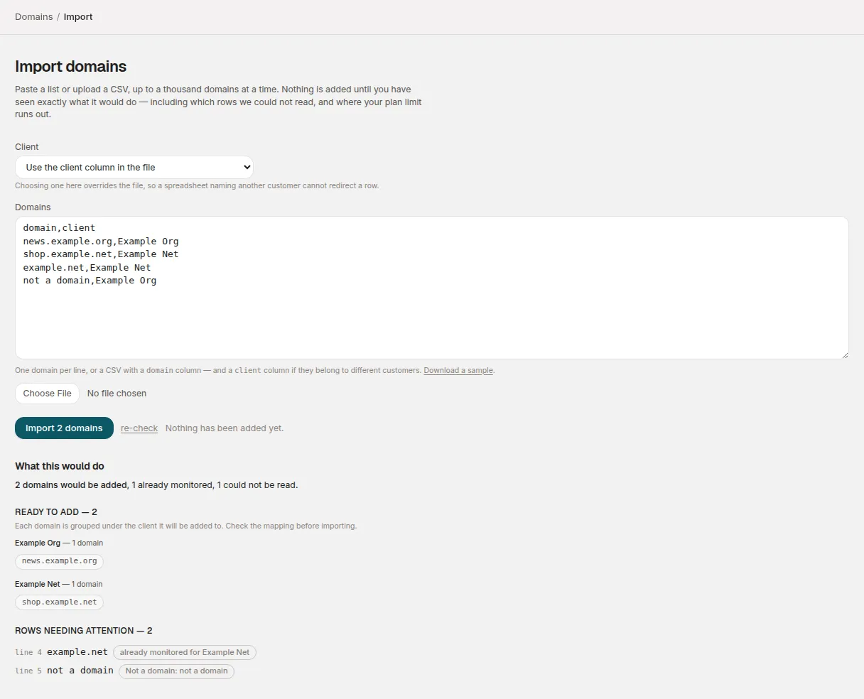 An import preview: domains ready to add, grouped by client, and rows needing attention