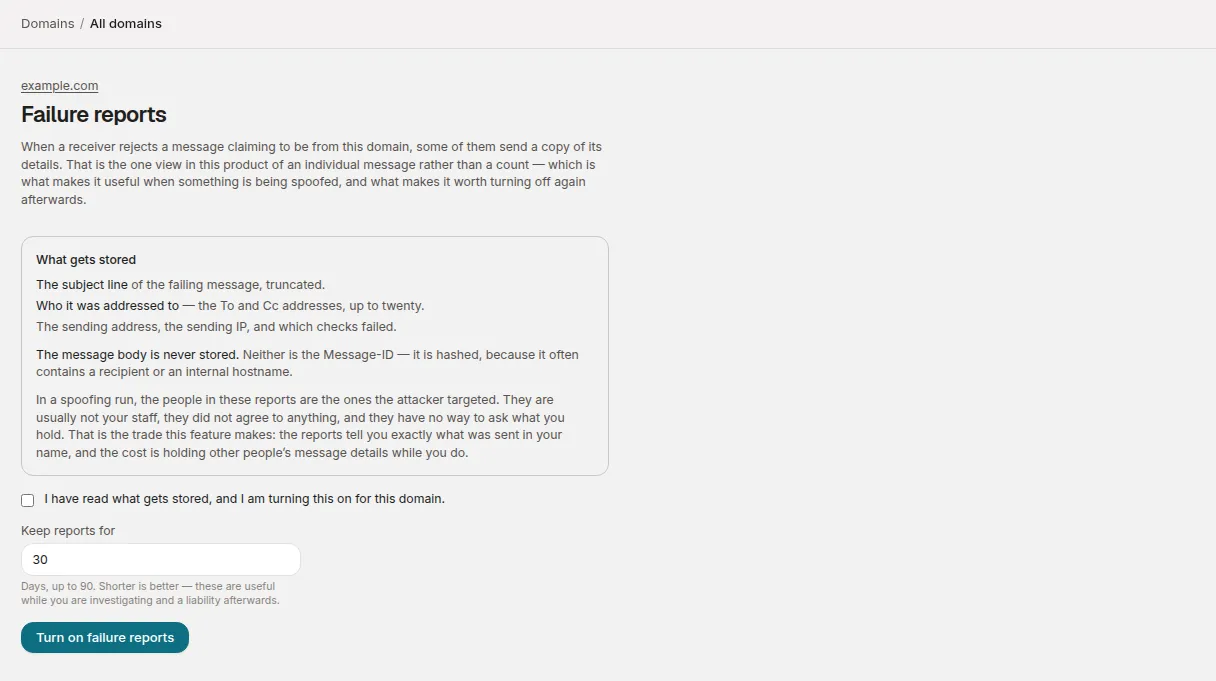 The Failure reports opt-in: what gets stored, the acknowledgement and how long reports are kept