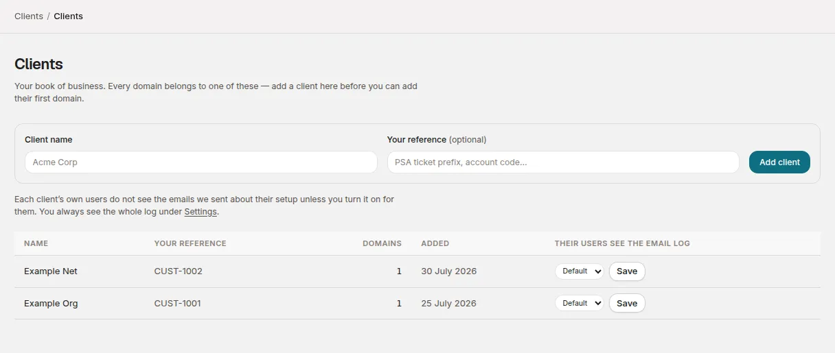 The Clients page with the Add client form and two example clients