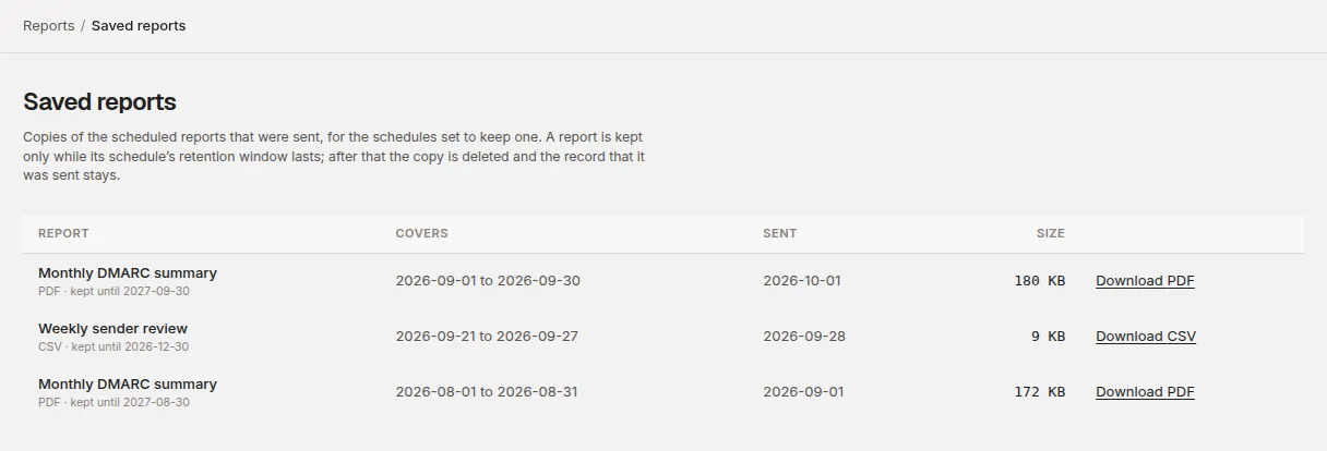 Reports → Saved reports with downloadable PDF and CSV copies