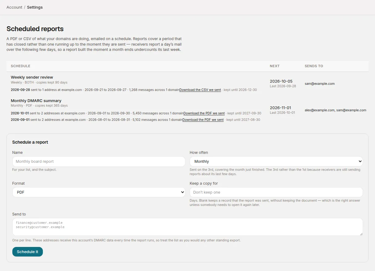 Scheduled reports: two schedules with their saved runs, and the Schedule a report form