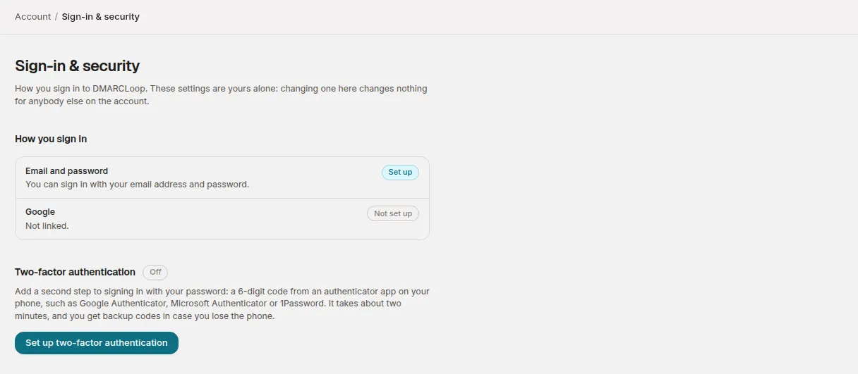 Sign-in & security with two-factor authentication off and the Set up two-factor authentication button