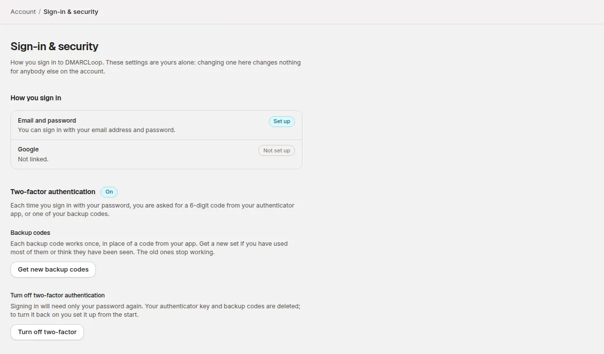 Sign-in & security with two-factor authentication on, offering new backup codes or turning it off