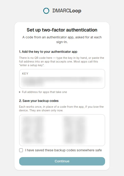 The set-up page with the key to add to your app and your backup codes (blurred here)